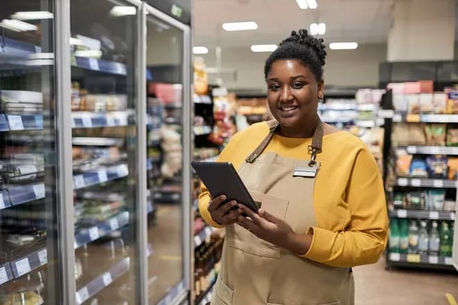 employée de supermarché tenant une tablette devant des rayons réfrigérés