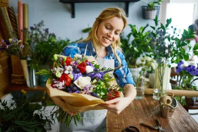 fleuriste souriante arrange un bouquet coloré dans son atelier