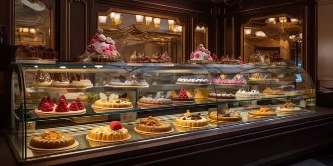 vitrine de pâtisserie garnie de gâteaux et entremets dans un intérieur élégant