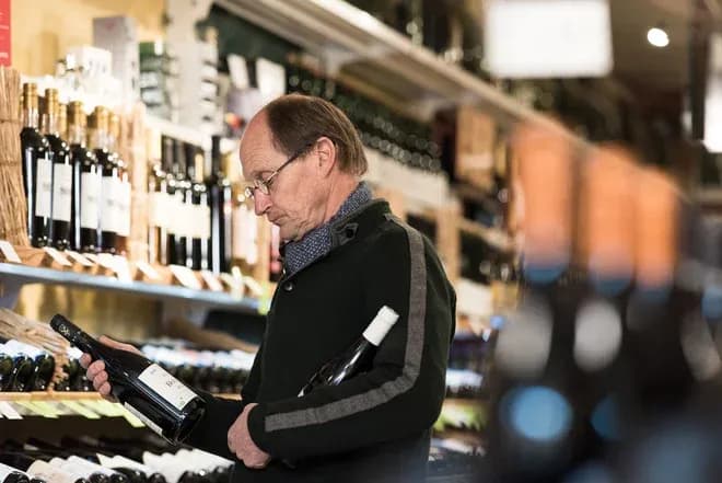 homme examinant une bouteille de vin dans un magasin spécialisé entouré de rangées de bouteilles
