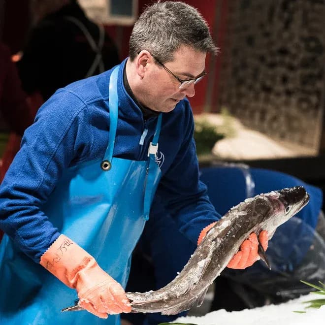 poissonnier en tablier bleu tenant un poisson sur la glace