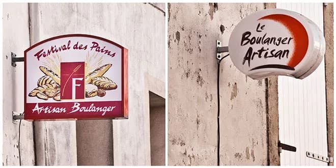 Gauche: enseigne rectangulaire festival des pains avec illustration de baguettes
Droite: enseigne ronde le boulanger artisan fixée sur mur patiné