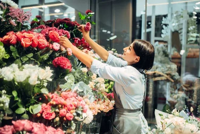 femme arrangeant des fleurs dans un magasin de fleurs avec des bouquets colorés autour d'elle