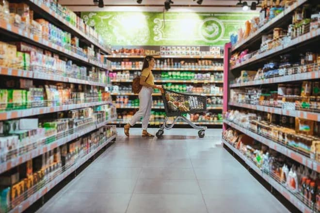 femme poussant un chariot dans un magasin alimentaire entre des rayons bien approvisionnés