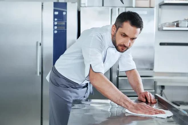 chef essuyant un plan de travail en inox dans une cuisine professionnelle