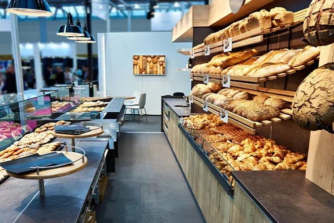 boulangerie moderne avec une variété de pains et pâtisseries sur des étagères en bois