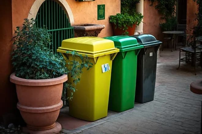 trois bacs de tri jaune vert et gris alignés près de pots en terre cuite