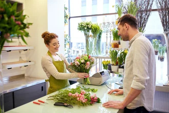 fleuriste offrant un bouquet à un client au comptoir de la boutique