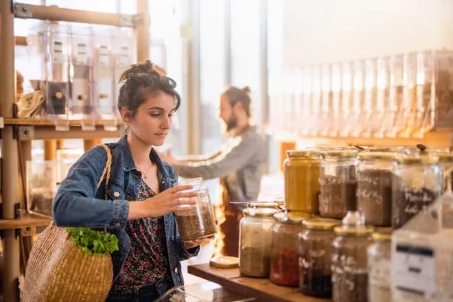 femme examinant un bocal de graines dans un magasin de produits en vrac