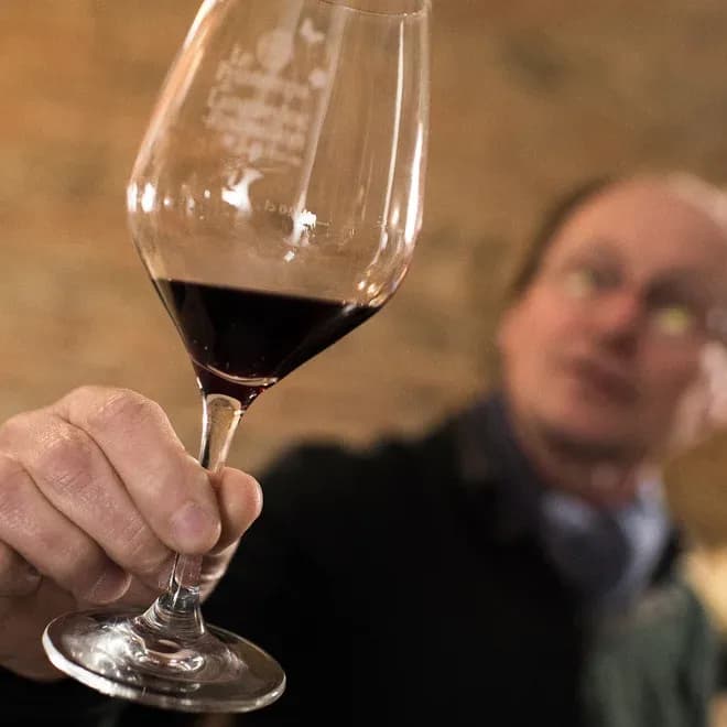 main tenant un verre de vin rouge avec sommelier flou en arrière-plan