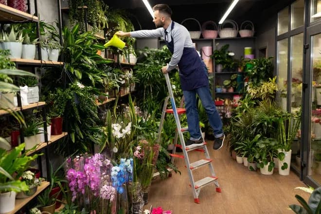 fleuriste sur une échelle arrose plantes et orchidées dans boutique
