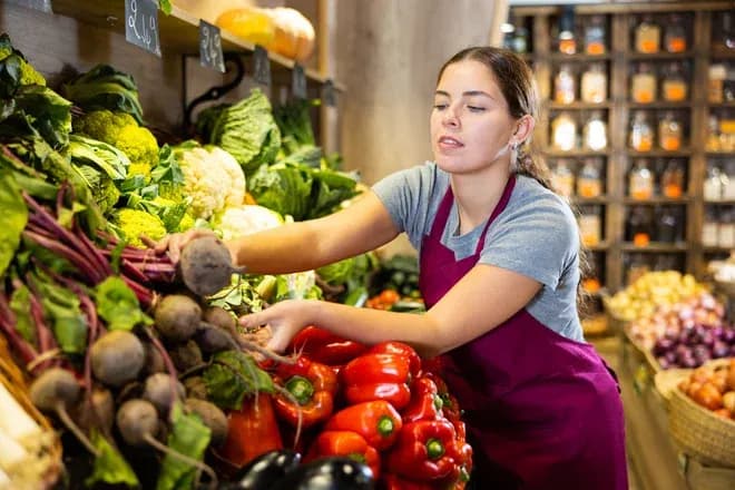 employée range des légumes frais sur l'étal du magasin