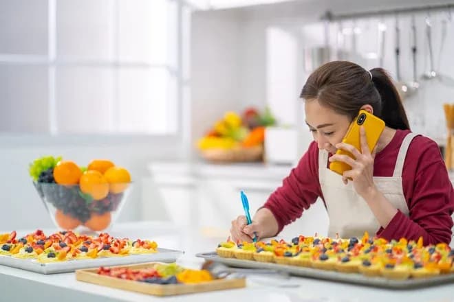 personne en tablier au téléphone prenant des notes près de tartelettes aux fruits