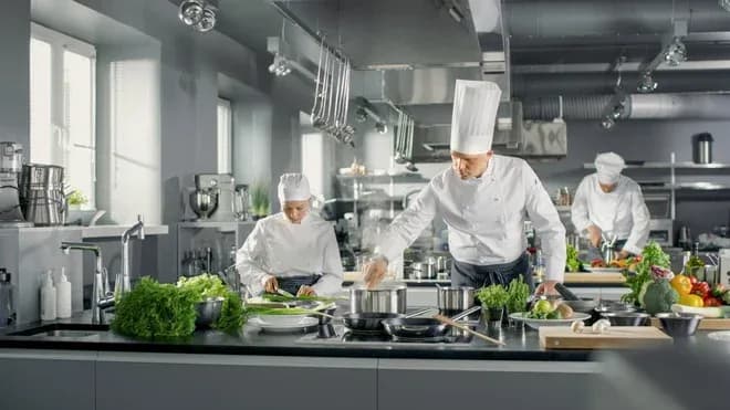 Chefs cuisinant dans une cuisine moderne avec des légumes frais sur le plan de travail