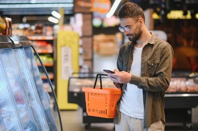 homme tenant un panier orange consultant son téléphone devant un rayon réfrigéré