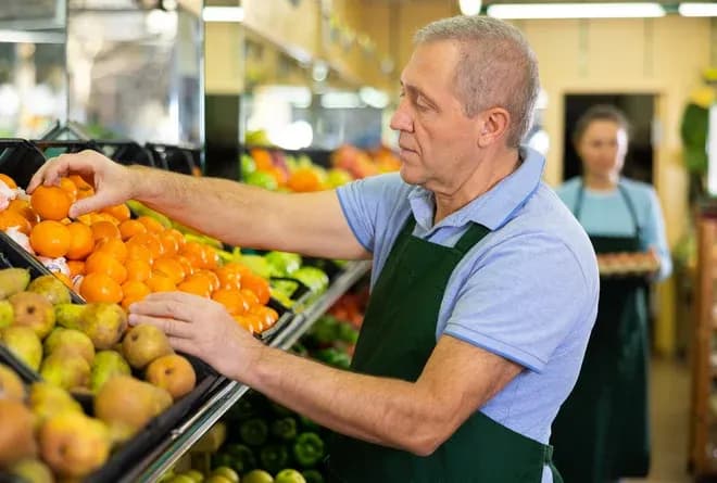 homme arrange des agrumes dans un étal de fruits en magasin avec une collègue en arrière-plan
