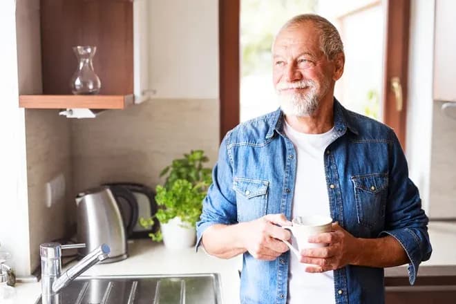 Homme souriant tenant une tasse dans une cuisine lumineuse avec des plantes vertes