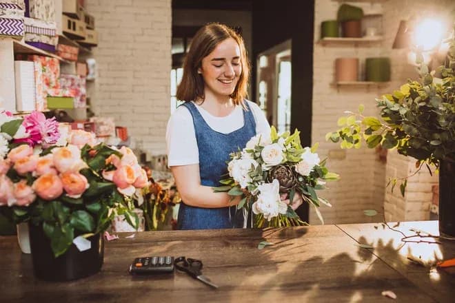 apprentie fleuriste souriante composant un bouquet blanc et vert au comptoir