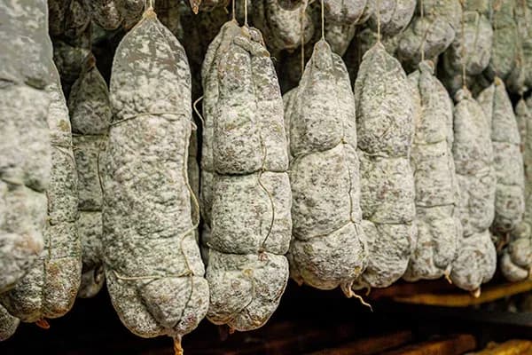 saucissons suspendus dans un séchoir avec une croûte de moisissure naturelle