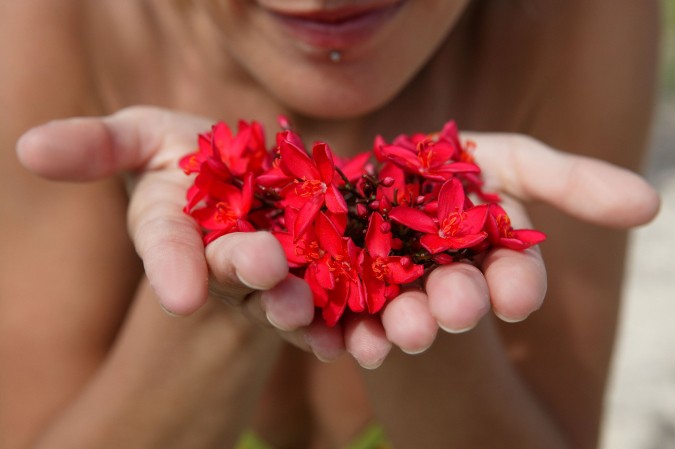 Femme tenant des fleurs rouges dans ses mains