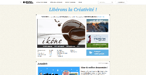 Capture d'écran de la page d'accueil du site de financement participatif kisskissbankbank