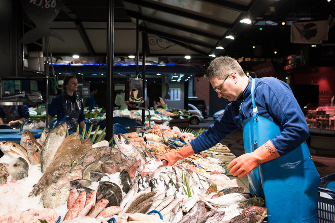 Mise en rayon de poissons dans une poissonnerie