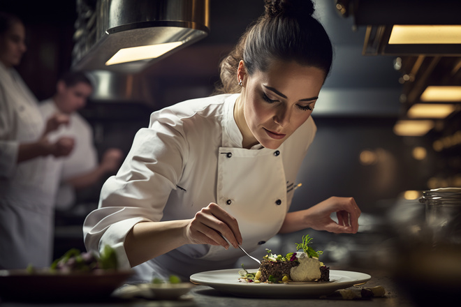 Dressage d'un plat gastronomique par une cheffe
