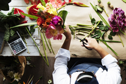 Fleuriste en train de découper les tiges de ses fleurs